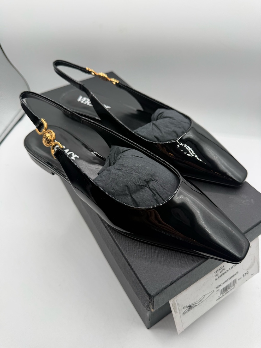 Versace Black Patent Slingback Pointed-Toe Flats with Gold Medusa Accent